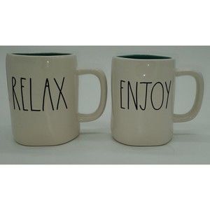NEW Rae Dunn Set 2 Mugs RELAX & ENJOY Coffee Tea Cups White 20 oz Aqua Interior